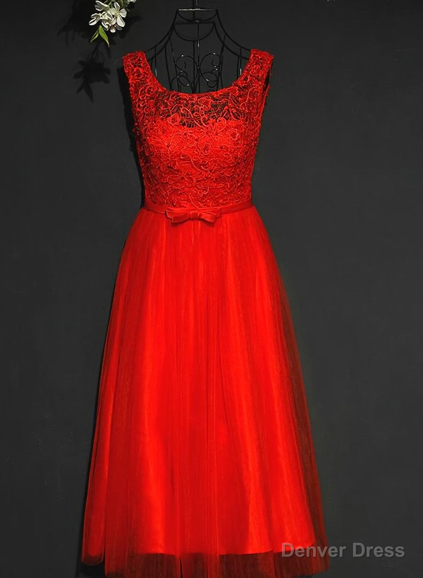 Pretty Red Tulle and Lace Tea Length Party Dress, Red Bridesmaid Dress Secondary image