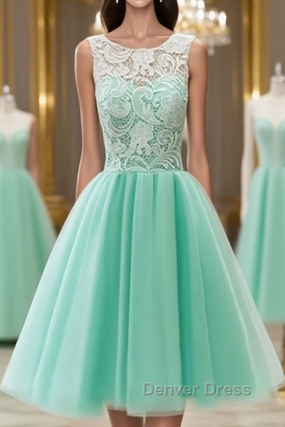 Pretty Round Neck Lace Tulle Short Green Prom Dress, Lace Homecoming Dresses Main image