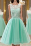 Pretty Round Neck Lace Tulle Short Green Prom Dress, Lace Homecoming Dresses