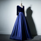 Pretty Royal Blue Long Sleeves Satin with Velvet Prom Dress, A Line Long Prom Dresses