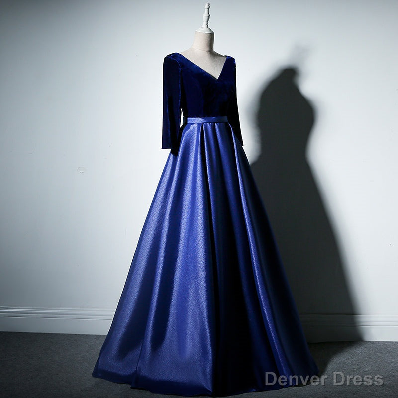 Pretty Royal Blue Long Sleeves Satin with Velvet Prom Dress, A Line Long Prom Dresses