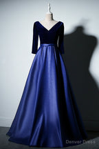 Pretty Royal Blue Long Sleeves Satin with Velvet Prom Dress, A Line Long Prom Dresses
