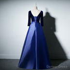 Pretty Royal Blue Long Sleeves Satin with Velvet Prom Dress, A Line Long Prom Dresses