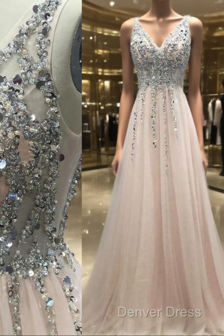 Pretty Sequins Long Tulle V-Neck Prom Evening Gowns Main image