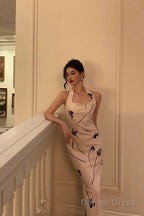 Pretty Sheath Halter Satin Floral Prom Dresses Birthday Outfits Prom Gowns