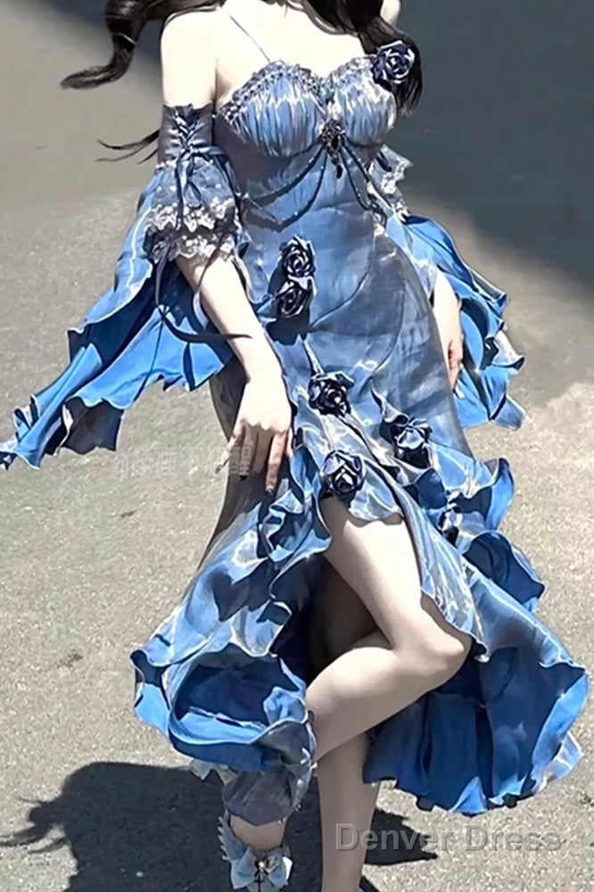 Pretty Sheath Irregular Ruffled Spaghetti Straps WomenS Blue Long Birthday Party Dresses