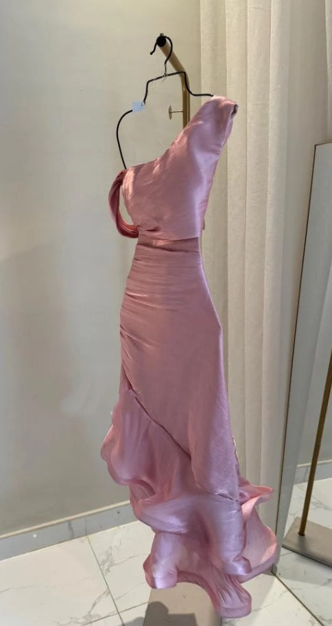 Pretty Sheath Pink Long Ruffles Prom Dress