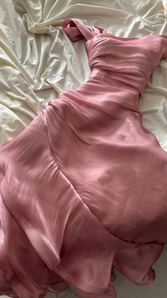 Pretty Sheath Pink Long Ruffles Prom Dress
