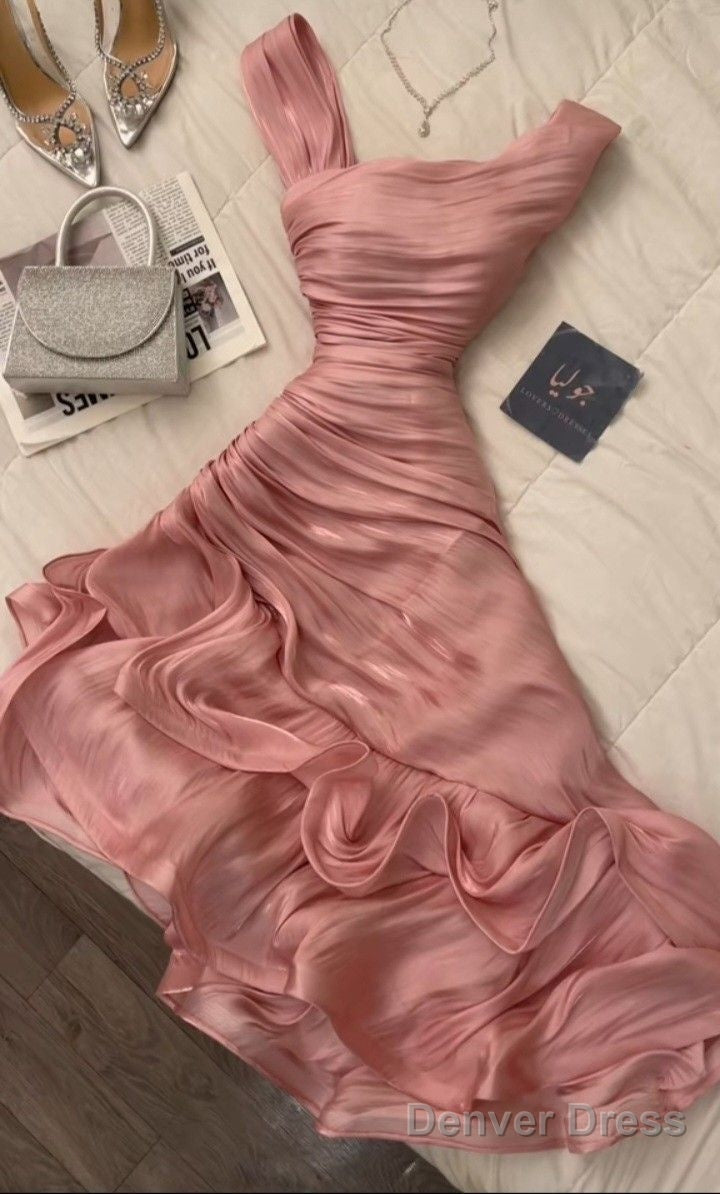 Pretty Sheath Pink Long Ruffles Prom Dresses Formal Evening Dress Main image