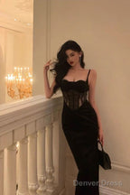 Pretty Sheath Spaghetti Straps Black Lace Date Night Dress Prom Dresses Birthday Party Outfit