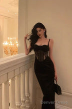 Pretty Sheath Spaghetti Straps Black Lace Date Night Dress Prom Dresses Birthday Prom Outfit
