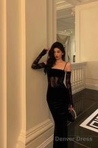 Pretty Sheath Spaghetti Straps Black Lace Long Prom Dresses Birthday Outfits With Gloves