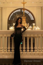 Pretty Sheath Spaghetti Straps Black Lace Long Prom Dresses Birthday Outfits With Gloves