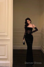 Pretty Sheath Spaghetti Straps Black Lace Long Prom Dresses Birthday Outfits With Gloves