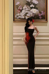 Pretty Sheath Spaghetti Straps Black Long Prom Dresses Birthday Outfits Evening Gown