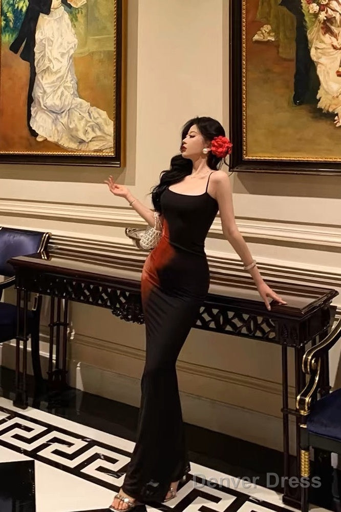 Pretty Sheath Spaghetti Straps Black Long Prom Dresses Birthday Outfits Evening Gown