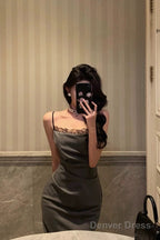 Pretty Sheath Spaghetti Straps Pleated Gray Prom Dresses Birthday Outfits Prom Gowns