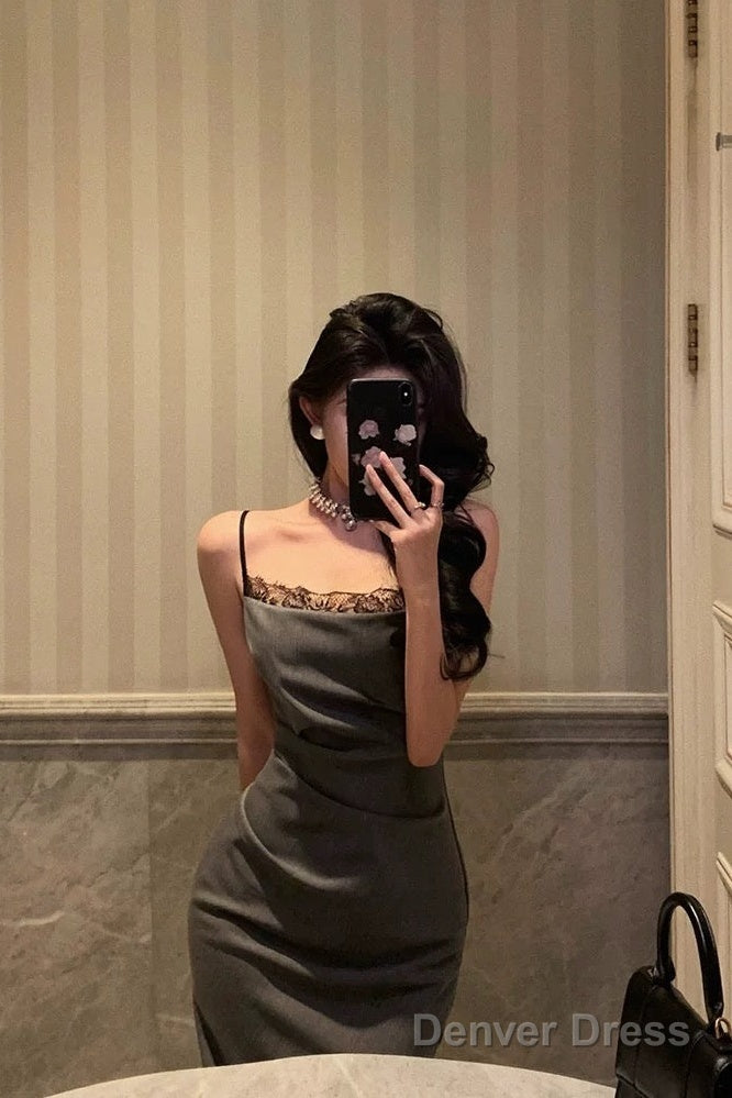 Pretty Sheath Spaghetti Straps Pleated Gray Prom Dresses Birthday Outfits Prom Gowns