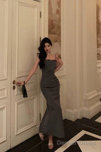 Pretty Sheath Spaghetti Straps Pleated Gray Prom Dresses Birthday Outfits Prom Gowns