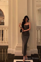 Pretty Sheath Spaghetti Straps Pleated Gray Prom Dresses Birthday Outfits Prom Gowns