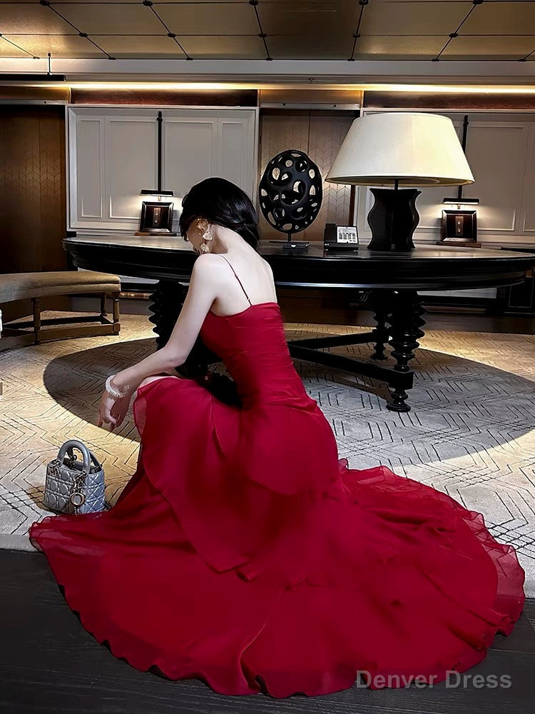 Pretty Sheath Spaghetti Straps Red Long Length Chiffon Prom Dress Prom Gown Birthday Dresses Secondary image