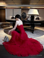 Pretty Sheath Spaghetti Straps Red Long Length Chiffon Prom Dress Prom Gown Birthday Dresses
