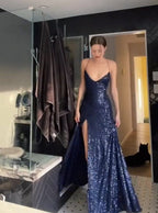 Pretty Sheath Spaghetti Straps Slit Navy Blue Sequin Prom Dress