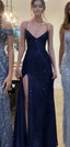 Pretty Sheath Spaghetti Straps Slit Navy Blue Sequin Prom Dress