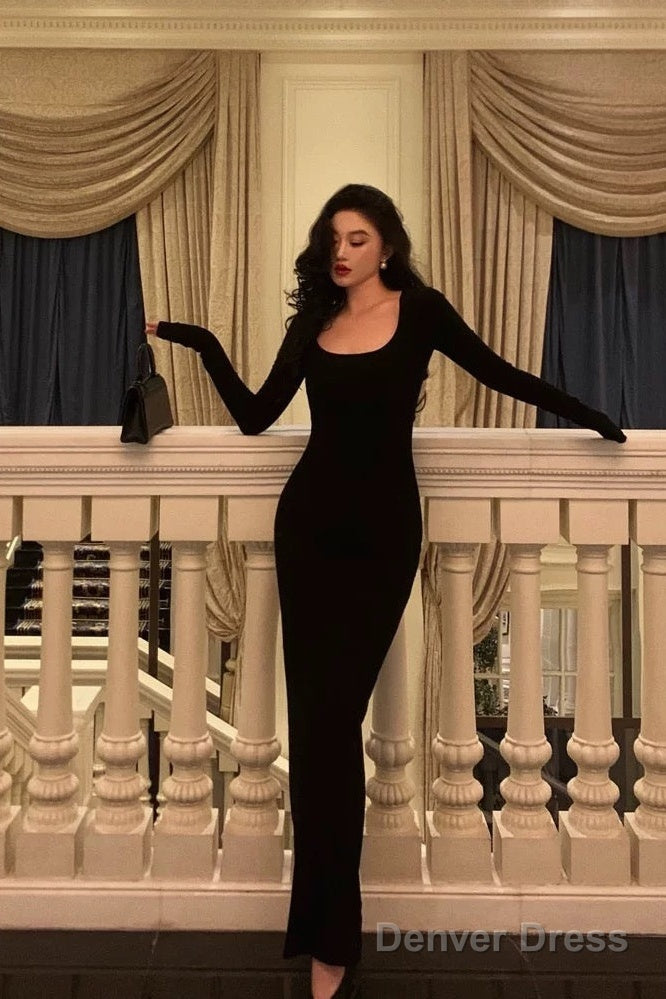 Pretty Sheath Square Neckline Long Sleeves Black Date Night Dress Prom Dresses Birthday Party Outfit