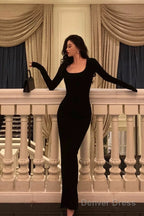 Pretty Sheath Square Neckline Long Sleeves Black Date Night Dress Prom Dresses Birthday Prom Outfit