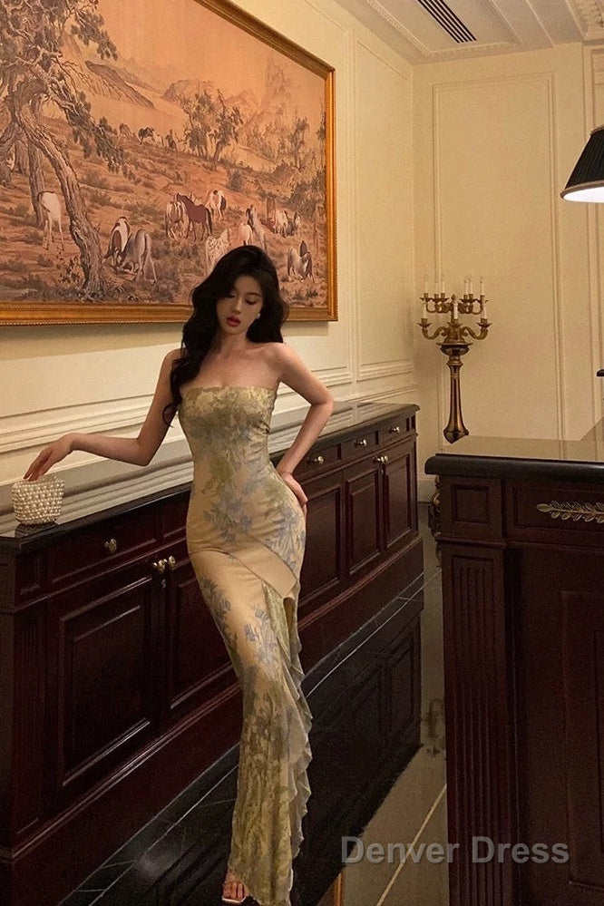 Pretty Sheath Strapless Floral Slit Long Prom Dresses Birthday Outfits