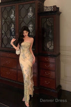 Pretty Sheath Strapless Floral Slit Long Prom Dresses Birthday Outfits