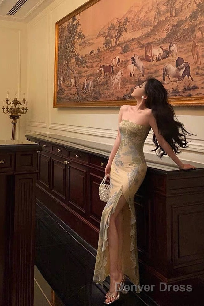 Pretty Sheath Strapless Floral Slit Long Prom Dresses Birthday Outfits Main image