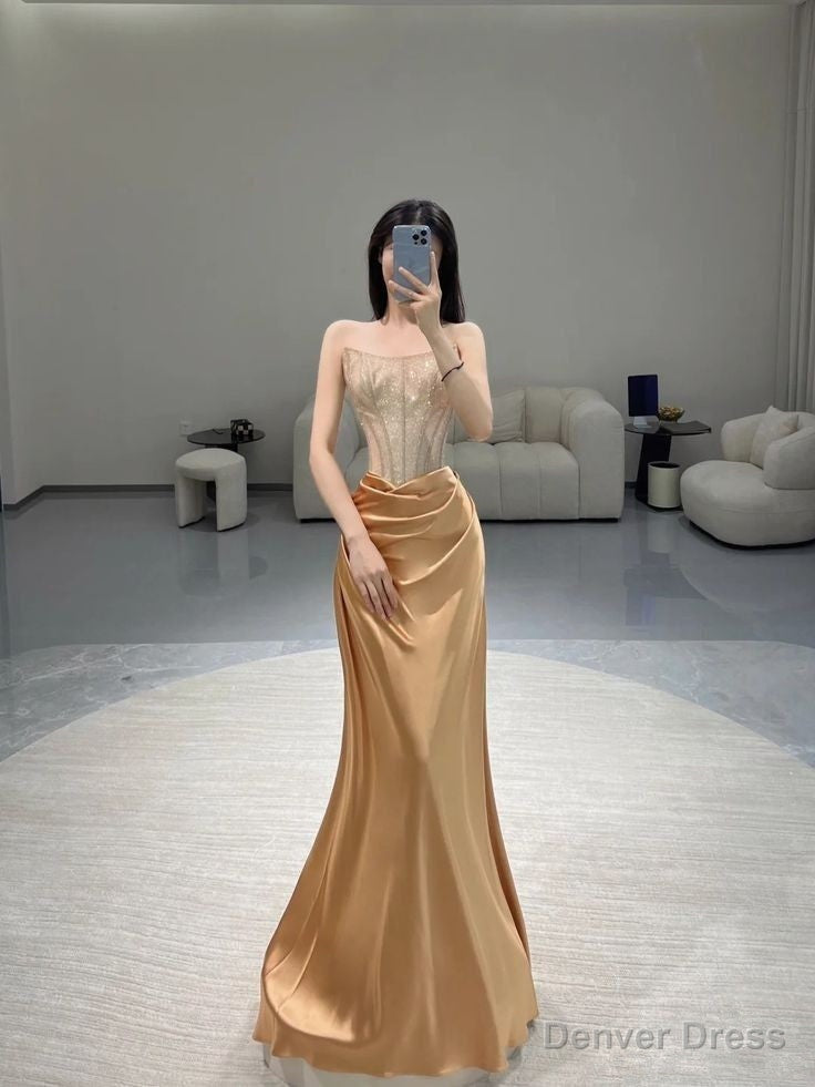 Pretty Sheath Strapless Neckline Sleeveless Prom Dress Gold Satin Prom Dresses