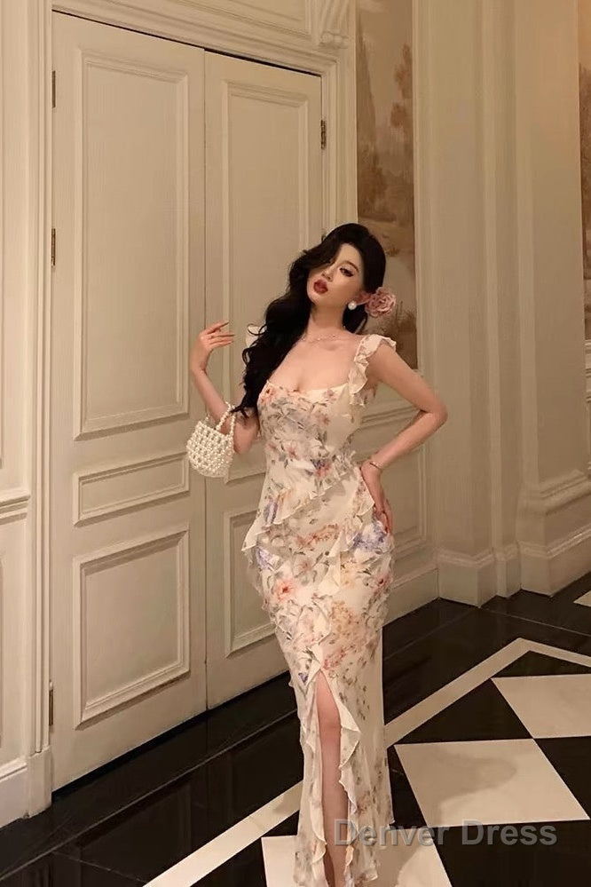 Pretty Sheath Straps Floral Chiffon Long Prom Dresses Birthday Outfits Evening Gown