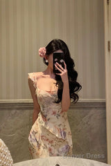 Pretty Sheath Straps Floral Chiffon Long Prom Dresses Birthday Outfits Evening Gown