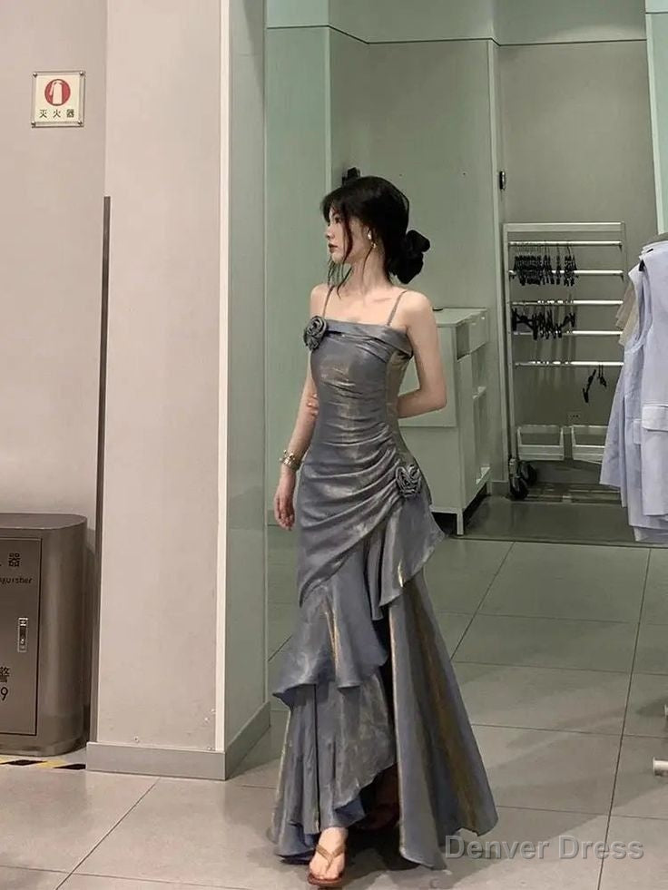 Pretty Sheath Straps Sleeveless Prom Dress Gray Long Ruffles Prom Dresses Main image