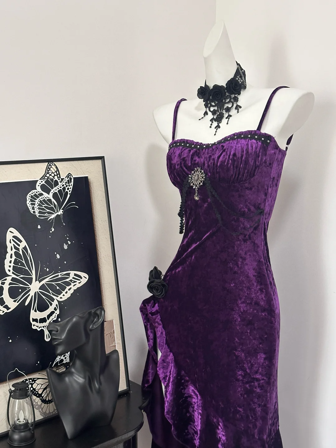 Pretty Spaghetti Straps Purple Velvet Ruffle Prom Dress Birthday Prom Dresses