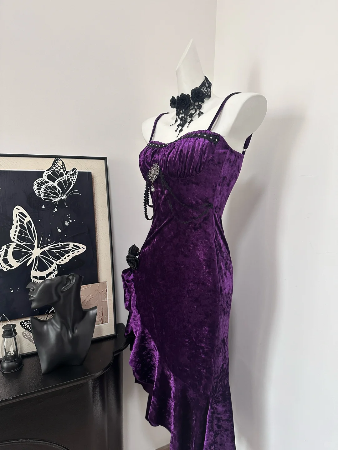 Pretty Spaghetti Straps Purple Velvet Ruffle Prom Dress Birthday Prom Dresses Main image
