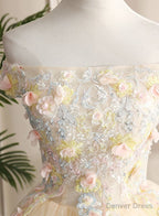 Pretty Tulle Champagne Off Shoulder Prom Dress, Flowers Lace Prom Dresses
