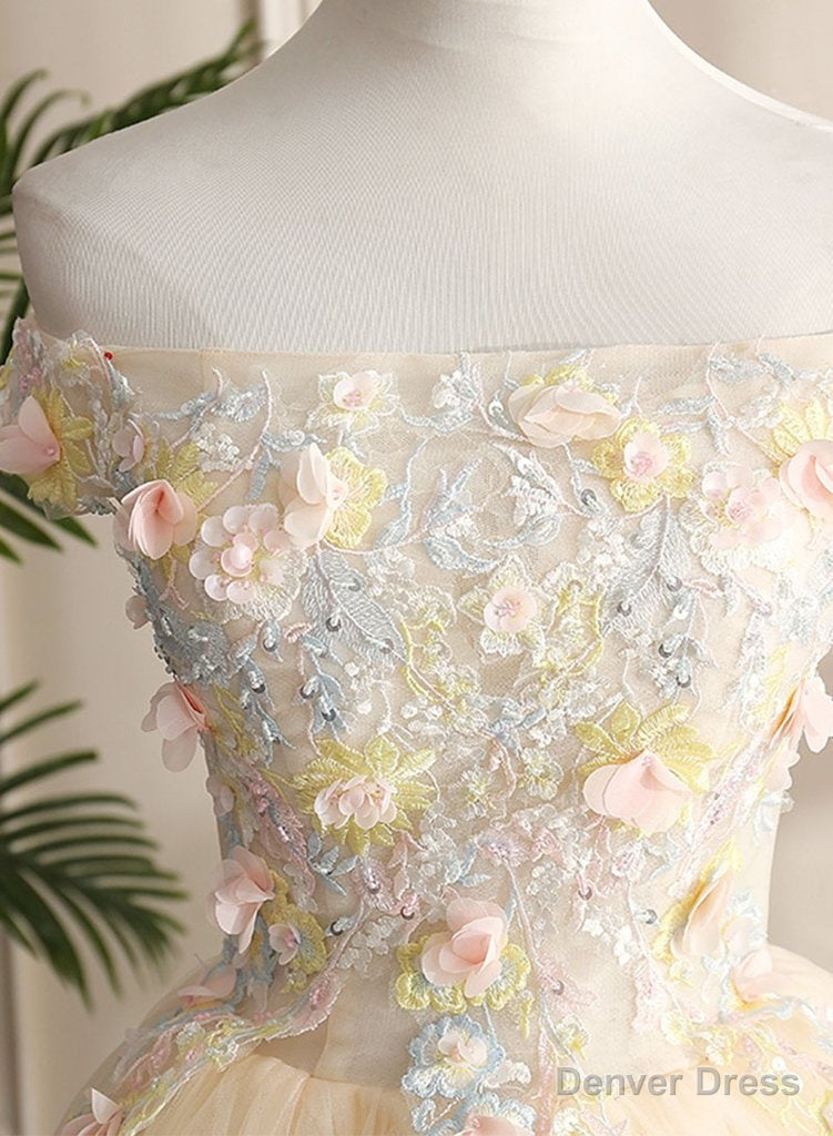 Pretty Tulle Champagne Off Shoulder Prom Dress, Flowers Lace Prom Dresses