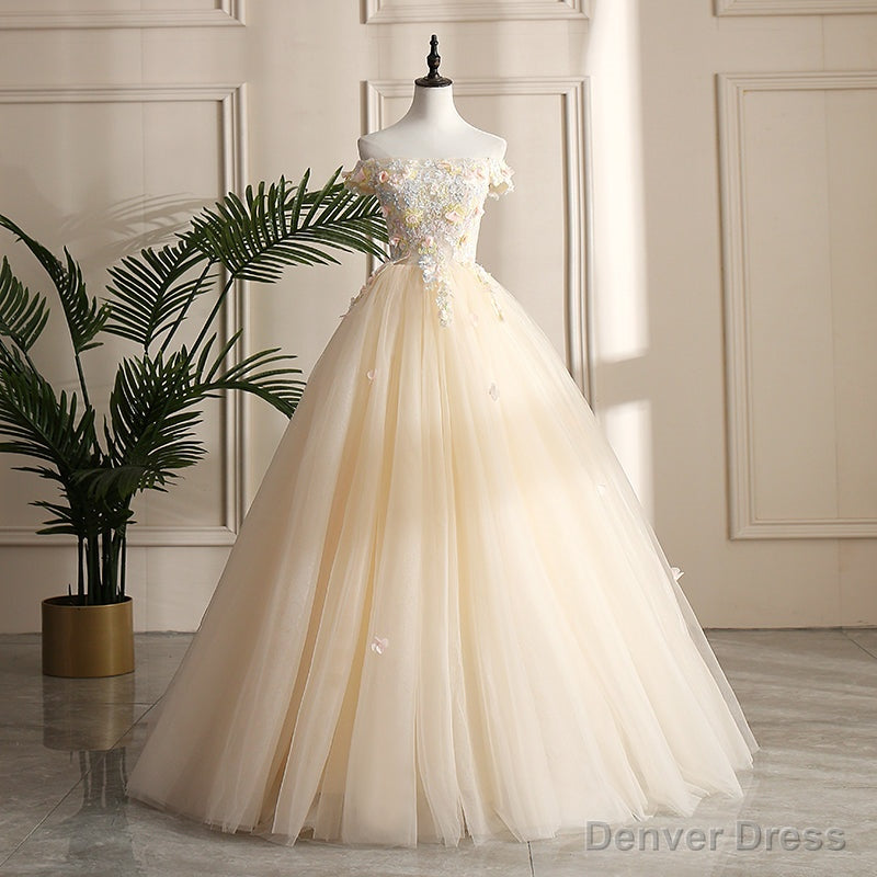 Pretty Tulle Champagne Off Shoulder Prom Dress, Flowers Lace Prom Dresses