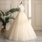 Pretty Tulle Champagne Off Shoulder Prom Dress, Flowers Lace Prom Dresses