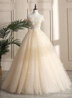 Pretty Tulle Champagne Off Shoulder Prom Dress, Flowers Lace Prom Dresses