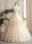 Pretty Tulle Champagne Off Shoulder Prom Dress, Flowers Lace Prom Dresses