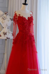 Pretty Tulle Long Prom Dress With Applique,Red Party Dress Formal Evening Dress