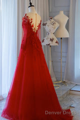 Pretty Tulle Long Prom Dress With Applique,Red Party Dress Formal Evening Dress