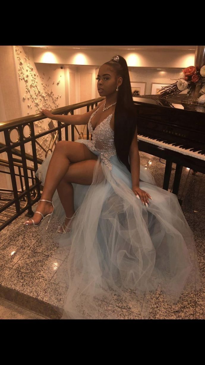 Pretty V Neck Lace Prom Dress, Sexy Split Slit Prom Dresses
