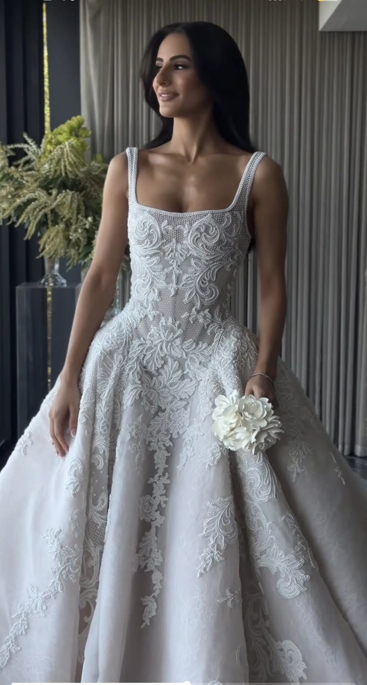 Pretty Wedding Dress Ball Gowns Square Neck Lace White Wedding Dresses Bridal Gown Main image