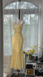 Pretty Yellow Sequin Halter Neck Backless Mermaid Prom Dresses